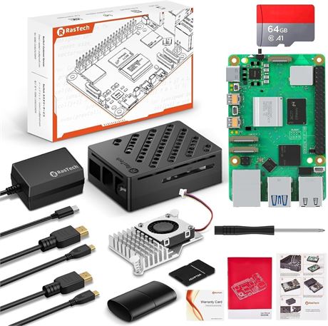 RasTech Raspberry Pi 5 8GB Kit 64GB SD Case Cooler Power Supply
