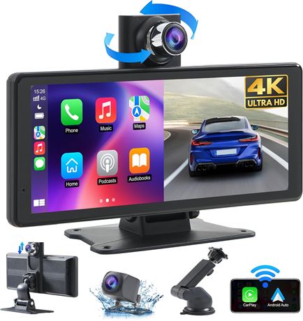 Wireless Car Stereo with CarPlay, 8.1in 2K Touch Screen, 4K Dash Cam