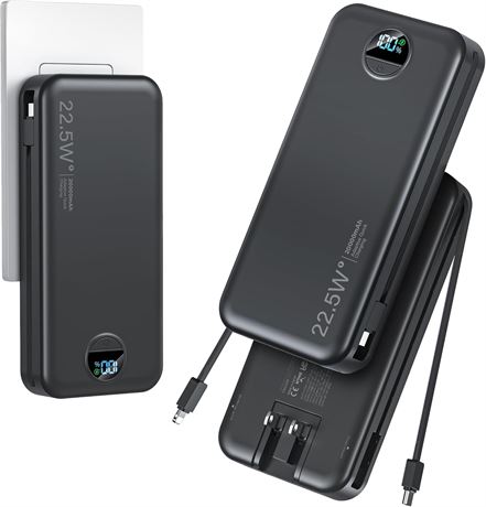 20000mAh Ultra-Portable Power Bank with Built-in Cables AC Plug PD20W USB-C