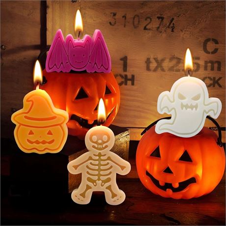 4pcs Halloween Candles Set Freesia Scented - Pumpkin, Skeleton, Ghost & Bat