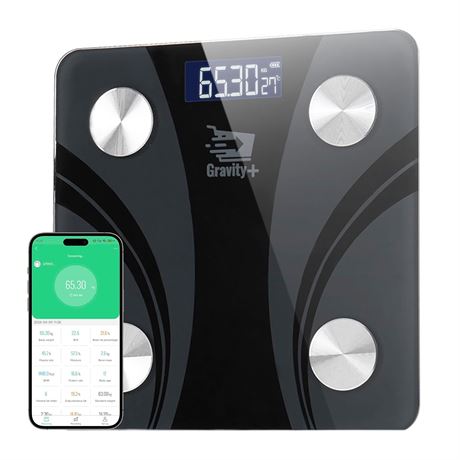 Gravity+ Smart Body Scale with BMI, Fat, Water, App Sync, Black