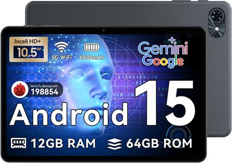 Android 15 Tablet 10.5" 12GB RAM 64GB ROM Gemini AI GPS 5G WiFi 6000mAh