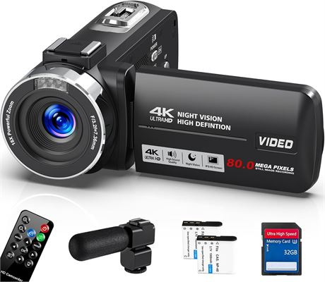 4K Camcorder with 18x Zoom, 3.0 IPS Screen, Night Vision, 2 Batteries, 32GB
