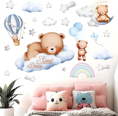 Tedy Bear Sleeping Wall Decals - Moon & Stars Balloon Stickers - Kids Decor