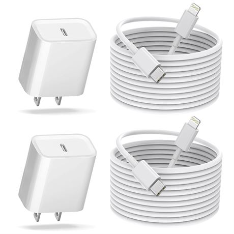 Fast iPhone Charger 2Pack: 10ft USB-C to Lightning Cables + 20W PD Block MFi
