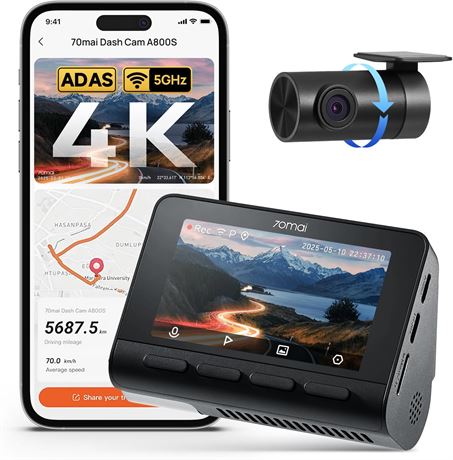 70mai A800S 4K Dash Cam Front & Rear WiFi6 GPS 128GB Night Vision ADAS 3" Screen