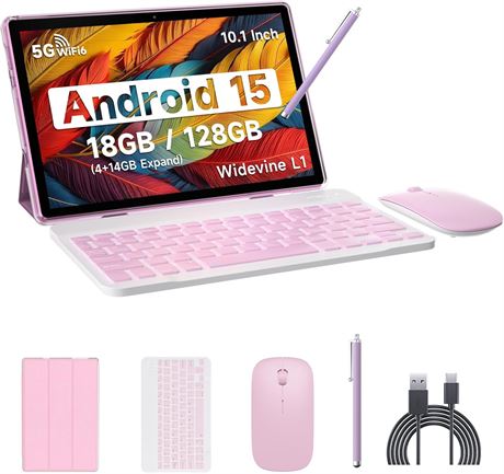 Android 15 Tablet, 10-in 2-in-1, 18GB RAM+128GB ROM, 1TB Expandable
