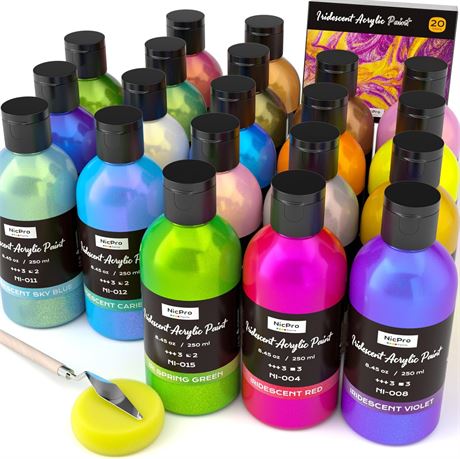 Nicpro 20 Colors Iridescent Acrylic Paint, 8.45oz/250ml, Metallic, Non-Toxic