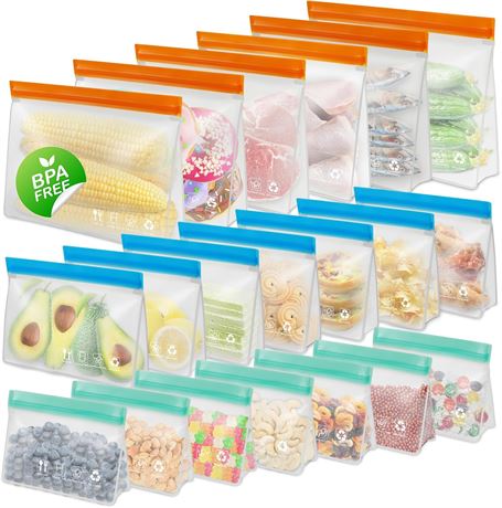 20 Pack Reusable Freezer Bags, BPA Free Silicone Food Storage Bags, Leakproof