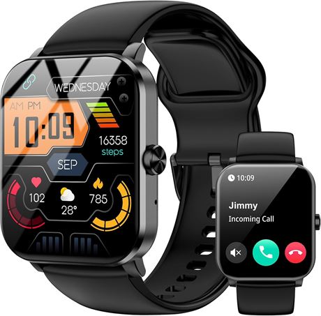 1.85" HD Smart Watch for Men Women, Calls, 120+ Sports, HR Sleep Monitor, Black
