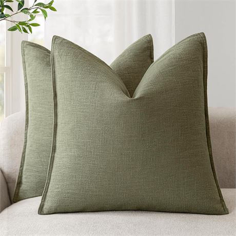 Foindtower 2-Pack Decorative Linen Throw Pillow Covers 24x24 Olive Branch Green