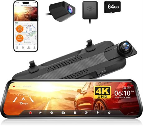 WOLFBOX G930 4K Mirror Dash Cam 10", GPS, WiFi, Dual Lens, 64GB Card Included