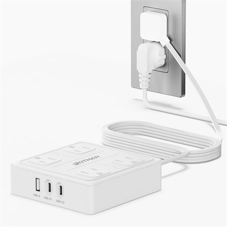 Flat Plug Power Strip Surge Protector with USB-C and USB