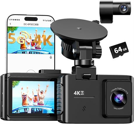 Dash Cam Front & Rear 4K Dual, 64GB, 2.0" IPS, WiFi & App, G-Sensor, Loop, 170