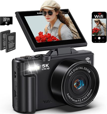 Appareil photo 5K, cam ra vlogging WiFi 75 MP, 18x zoom, AF UHD,  cran 3"