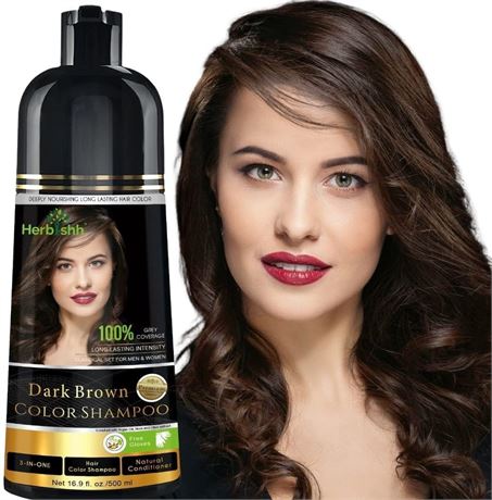 Herbishh Hair Color Shampoo for Gray Hair, 500ml, 3-in-1 Dye, Dark Brown