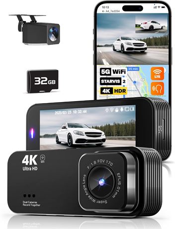 Caméra Dash 4K+1080P, Avant et Arrière, Wi-Fi 5G, 32GB Intégré