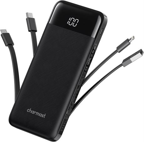 Charmast 10000mAh Power Bank with Built-in Cables, Slim Fast Charger for Travel