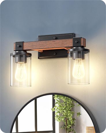 EDISHINE 2-Light Farmhouse Vanity Wall Sconce, Clear Glass, Wood Finish