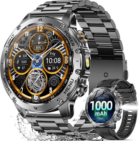 Military Smart Watch, 1.7" Men s Fitness, 1000mAh, LED, HR/Sleep, 100+ Modes