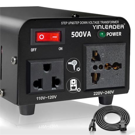 Yinleader 500W Voltage Converter 110V↔220V with Circuit Protection, US Plug