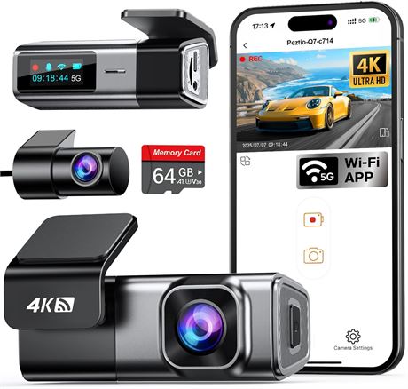 Navycrest 4K+1080P Dual Dash Cam, 64GB