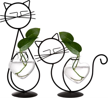 ZEAYEA 2-Pack Glass Planter Cat Vase with Metal Stand, Desktop Hydroponics