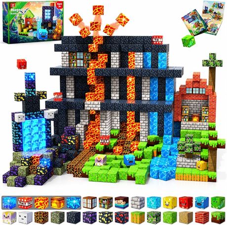 Magnetic Blocks 150-Pc Dinosaur Volcano Castle Set with Light-Up Blocks