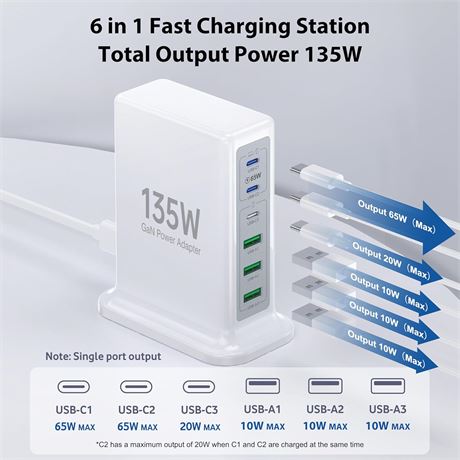 6-Port Fast Charging Station, USB-C Input 100-240V, Multi Device Charger