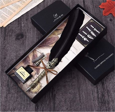 HUAWELL Feather Quill Pen Set, Ink + 5 Nibs, Black