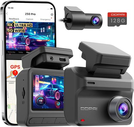 Ddpai 4K Dash Cam w/ 128GB, WiFi6 GPS, 48H Parking Mode
