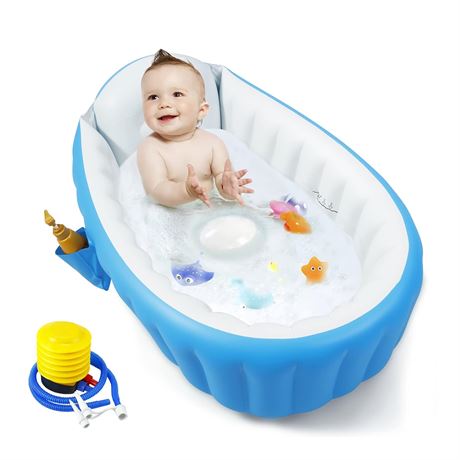 PandaEar Baby Inflatable Bathtub with Air Pump, Portable Foldable Tub (Blue)