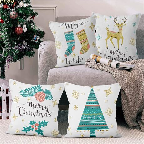 Coussins de Noël Set 4, 16x16, Housses Lin, Arbre de Noël