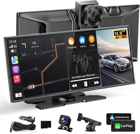 11.5" Portable CarPlay Screen, 4K Wireless CarPlay/Android Auto, Dash Cam