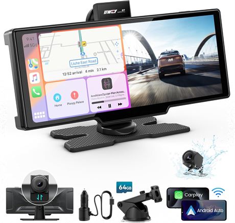 10" Portable CarPlay/Android Auto Screen 4K Dash Cam 1080P Backup Camera
