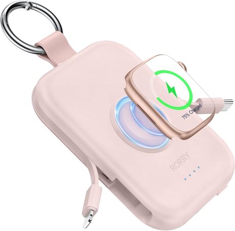 RORRY CharmGo 5000mAh Power Bank with Built-in Cables, Pink