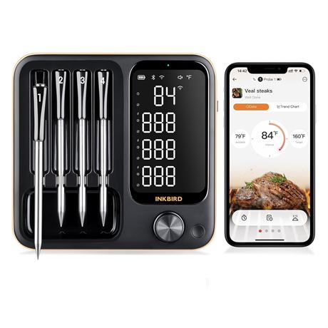 INKBIRD Wireless Meat Thermometer, 4 Probes, Bluetooth/WiFi, Rechargeable