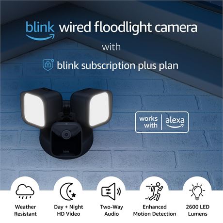 Blink Caméra Floodlight Câblée avec Abonnement d’1 an, Détection Personne