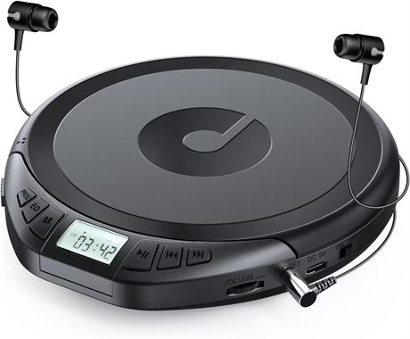 Gueray CD Player: Earphones for Car, Anti-Skip, LCD, PROG, Repeat (Black)