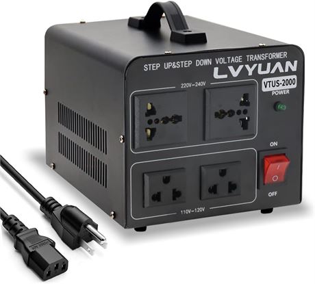 LVYUAN 2000W Voltage Transformer Step Up/Down 110-120V 220-240V, 4 Outlets