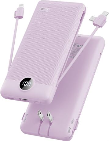 Batterie externe VRURC 10000mAh câbles intégrés chargeur compact violet
