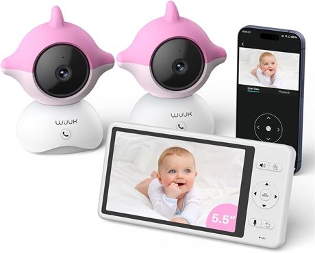 WUUK Video Baby Monitor, 2 Cameras, 360 PTZ Display, Night Vision, Pink