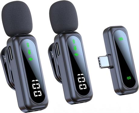 2-Pack Wireless Lavalier Mic iPhone iPad Android LED Display