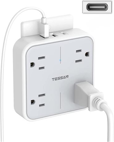 TESSAN 4 Outlet Splitter, 3 USB Ports, Gray
