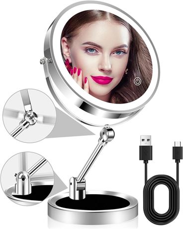 Lighted Makeup Mirror, 8in Foldable 1X/10X, 3 Colors, Touch Dim, Storage Base