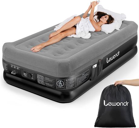 Lewondr Twin Air Mattress with Built-in Pump, 18" Deluxe Blow-Up, 550 lb, Gray