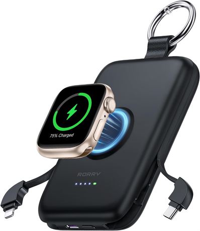 RORRY Portable Charger 10000mAh PD 20W Built-in Cables, For iPhone & Watch