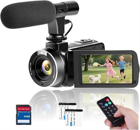 4K Video Camcorder 80MP, YouTube Vlog, 64GB SD, 2 Batteries, Mic, 18x Zoom