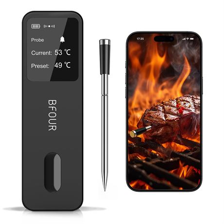 BFOUR Bluetooth Meat Thermometer with Wireless Waterproof Probe, LCD Display