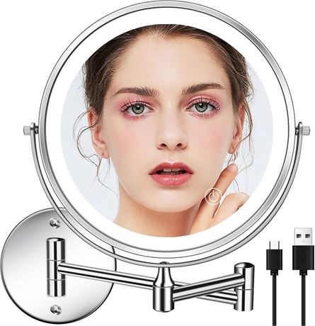 8" Rechargeable Lighted Wall Makeup Mirror – 10X/1X, Touch, Swivel